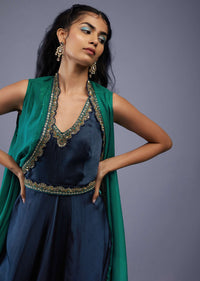 Navy Blue Silk Embroidered Dhoti Jumpsuit With Emerald Green Organza Shrug