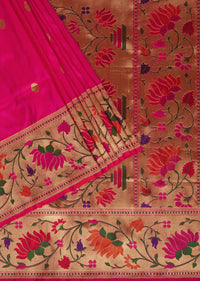 Fluorescent Pink Banarasi Saree In Katan Silk With Paithani Pallu And Unstitched Blouse