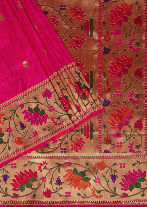 Fluorescent Pink Banarasi Saree In Katan Silk With Paithani Pallu And Unstitched Blouse
