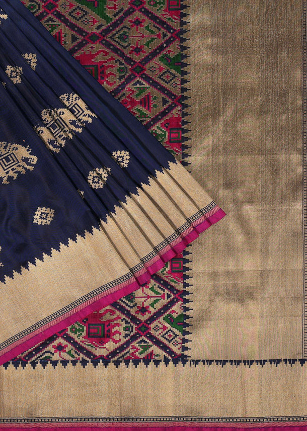 Indigo Blue Banarasi Patola Saree In Katan Silk With Ikat Weave And Unstitched Blouse