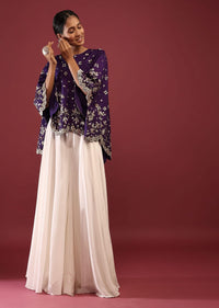 Grape Purple High Low Cape And White Palazzo Suit With Sequins And Zardosi Flowers