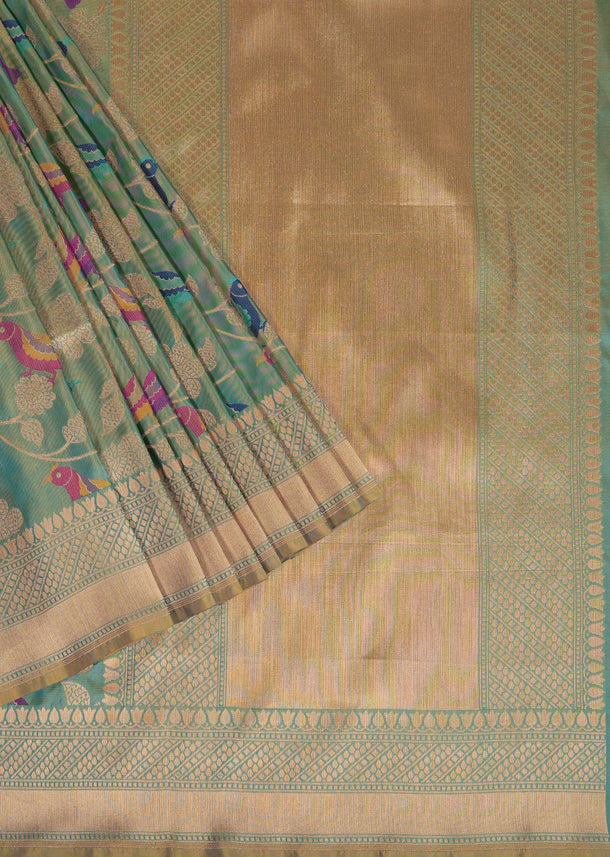 Turq Blue Saree In Katan Silk With Balucheri Meenakari Weave And Unstitched Blouse