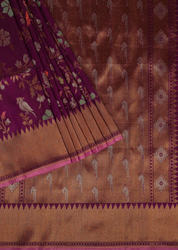 Plum Purple Banarasi Handloom Saree In Katan Silk With Unstitched Blouse