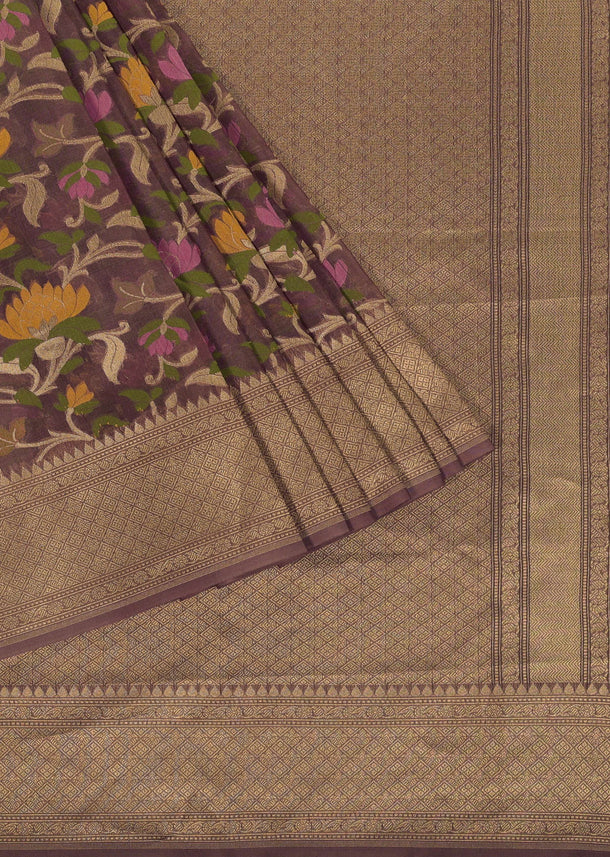 Mauve Purple Handloom Saree In Kora Silk With Kadhva Weave And Unstitched Blouse