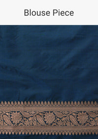 Teal Blue Banarasi Saree In Uppada Silk With Woven Zari Jaal And Unstitched Blouse