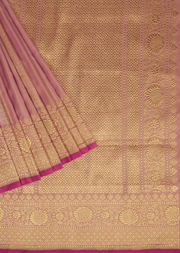 Onion Pink Banarasi Silk Saree In Fancy Silver Gold With Unstitched Blouse