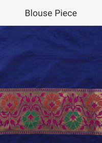 Cobalt Blue Banarasi Patola Saree In Katan Silk With Ikat Weave And Unstitched Blouse