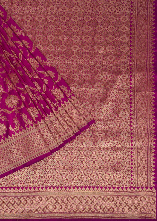 Magenta Pink Saree In Banarasi Silk With Floral Jaal Weave And An Unstitched Blouse