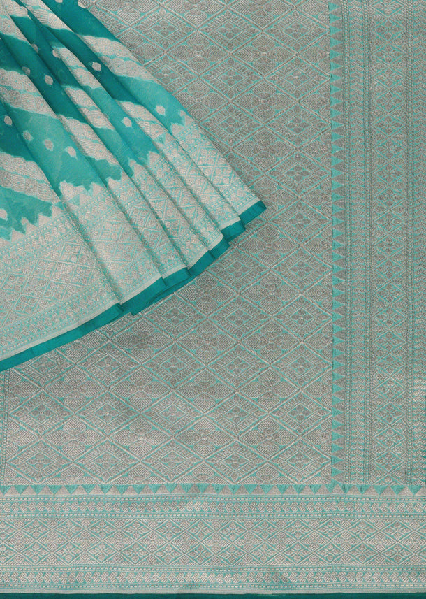 Sky Blue Georgette Saree In Banarasi Kora Zari Rangkat Weave With An Unstitched Blouse