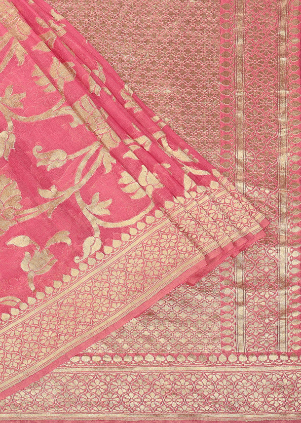 Fuschia Pink Saree In Tissue Georgette With Khaddi Work, Zari Weave And An Unstitched Blouse