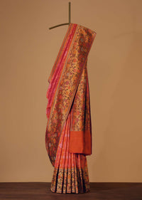 Peach Banarasi Handloom Saree In Orange Shade With Shikara Skirt Border Weave And Unstitched Blouse