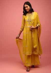 Chrome Yellow Anarkali Suit Set In Banarasi Georgette, Embellished With Brocade And Zardosi Work
