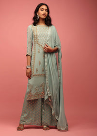 Pastel Blue Georgette Palazzo Suit Handcrafted With Gotta Work, Zardosi And Pearls