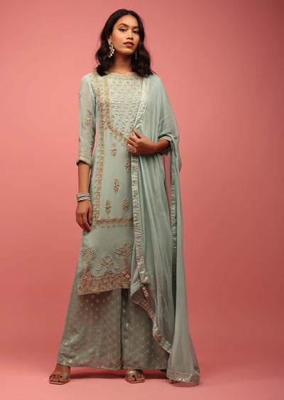 Pastel Blue Georgette Palazzo Suit Handcrafted With Gotta Work, Zardosi And Pearls