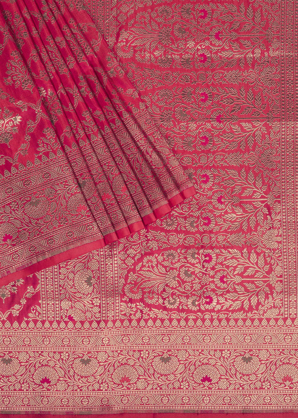 Hot Pink Handloom Saree In Uppada Silk With Meenakari Jaal-Zari Work And Unstitched Blouse