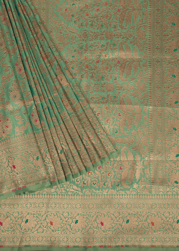 Moss Green Upada Silk Saree With Meenakari Jaal- Zari Work And Unstitched Work