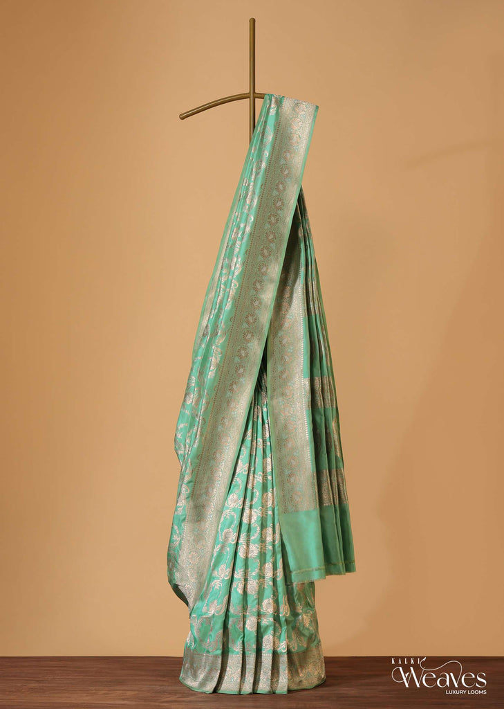 Sea Green Handloom Banarasi Saree In Uppada Silk With Meenakari Weave And Unstitched Blouse