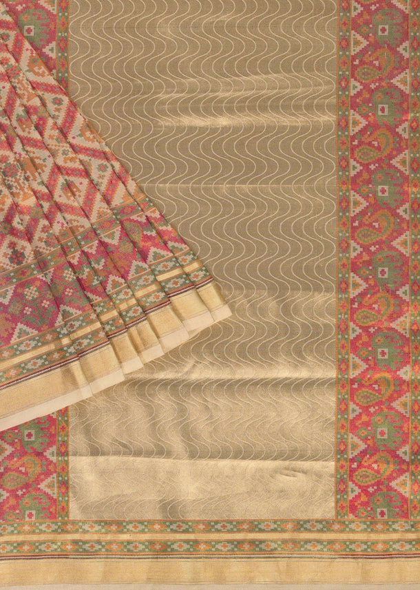 Champagne Brown Banarasi Saree In Katan Silk With Patola Ikat Weave And An Unstitched Blouse