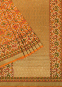 Ocher Yellow Banarasi Patola Saree In Katan Silk With Ikat Weave And Unstitched Blouse