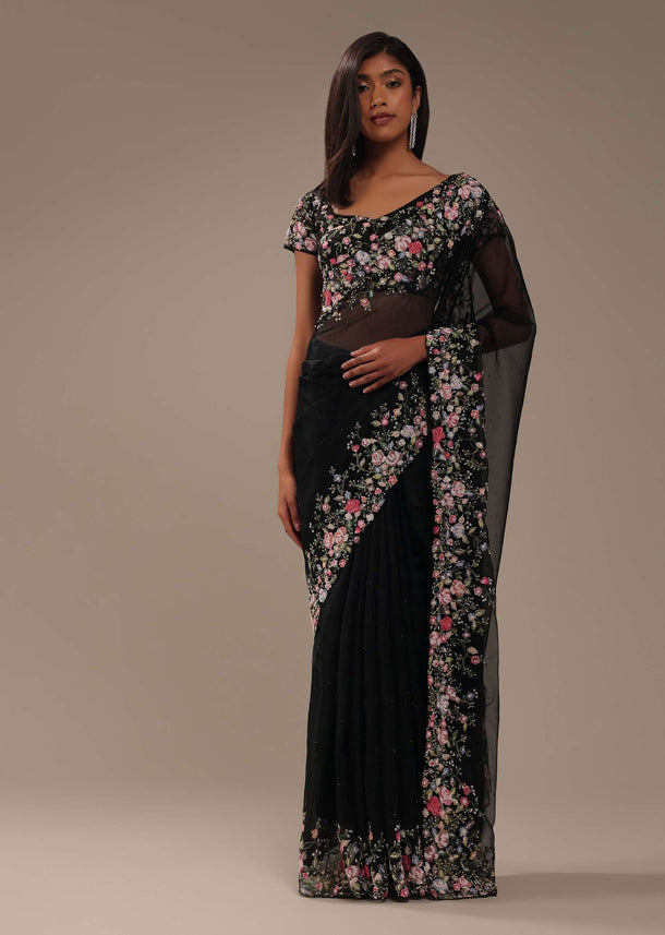 Black Organza Saree With Multicolor Floral Embroidery