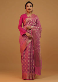 Wild Orchid Pink Saree In Pure Handloom Cotton With Banarasi Chanderi Weave