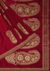 Scarlet Red Banarasi Silk Saree In Kadhva Weave With Unstitched Blouse