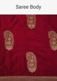 Scarlet Red Banarasi Silk Saree In Kadhva Weave With Unstitched Blouse