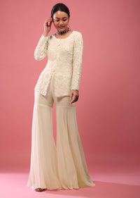 Off-White Sharara Suit In Georgette With Fully Embroidered Top & Flowy Pants