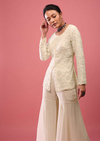 Off-White Sharara Suit In Georgette With Fully Embroidered Top & Flowy Pants