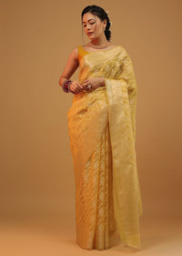 Marigold Yellow Saree In Cotton And Banarasi Chanderi Geometric Woven Pattern