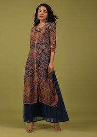 Insignia Blue Printed Kurta In Georgette With Kashmiri Print