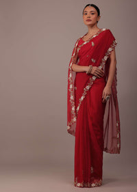 Cherry Red Saree In Organza With Cut Dana And Moti Embroidery