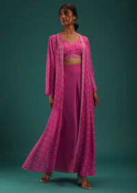 Petal Pink Floral Printed Crop Top And Palazzo Set With Cape In Georgette