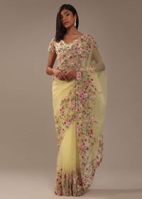 Canary Yellow 3D Floral Embroidered Organza Saree