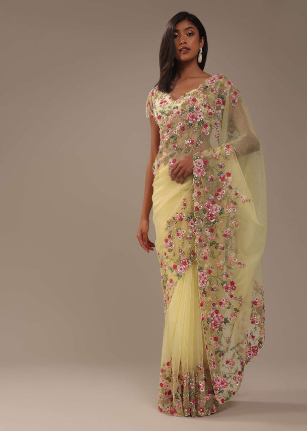 Canary Yellow 3D Floral Embroidered Organza Saree