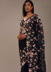 Black 3D Floral Embroidered Organza Saree