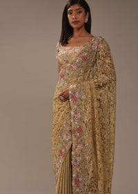 Beige Brown Lace Fabricated Saree With 3D Embroidery