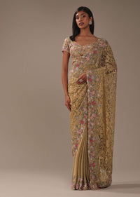 Beige Brown Lace Fabricated Saree With 3D Embroidery