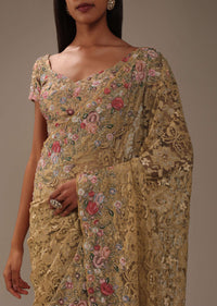 Beige Brown Lace Fabricated Saree With 3D Embroidery