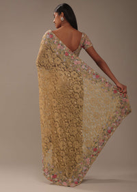 Beige Brown Lace Fabricated Saree With 3D Embroidery