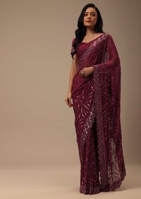 Maroon Red Georgette Saree With Sequins Embroidery