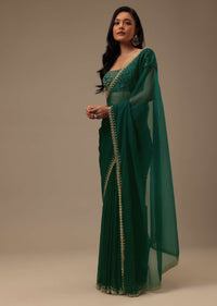 Teal Green Plain Organza Saree With Heavy Cut Dana Work