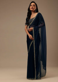 Dark Blue Plain Organza Saree With Heavy Cut Dana Work