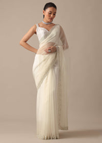 White Sheer Organza Saree With Scallop Cutwork And Unstitched Blouse Piece