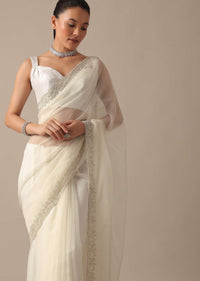 White Sheer Organza Saree With Scallop Cutwork And Unstitched Blouse Piece