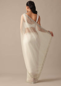 White Sheer Organza Saree With Scallop Cutwork And Unstitched Blouse Piece