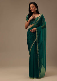 Peacock Green Plain Organza Saree With Heavy Cut Dana Work