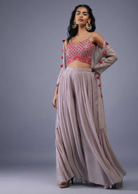 Dusty Pink Embroidered Mirror Crop Top And Palazzo Set In Georgette