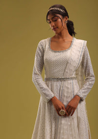 Ivory White Georgette Anarkali Set With Embroidered Belt