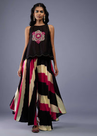 Black Embroidered Scallop Top With Multicoloured Flared Palazzo In Silk